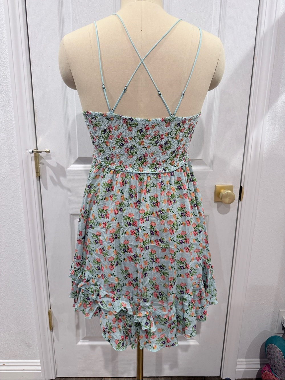 BNWOT Free People Pale Blue Floral Lace-Trim Asymmetrical Cross Back Dress - XL - Picture 7 of 15